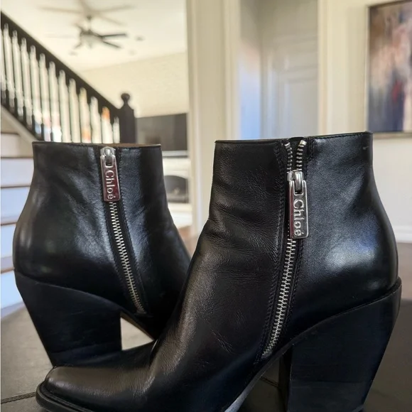 Chloe Black Leather Ankle Booties - Subtly Western - Size 39.5